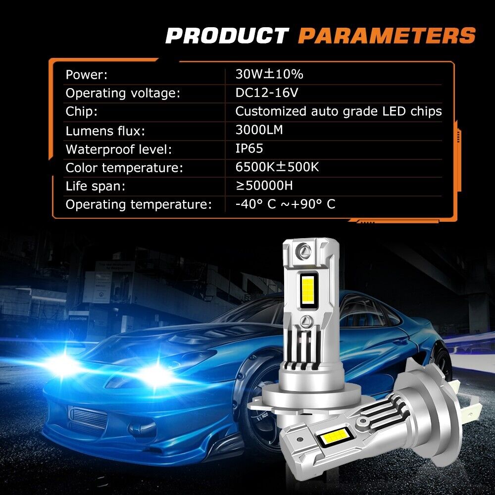 Pair Mini H7 LED Headlight Bulbs 2 x Globes 12V 6500k CSP Chips 1:1 Size IP65